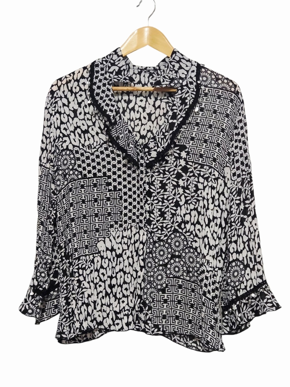 Monochrome Abstract Floral Geometric Beaded Blouse Large Top
